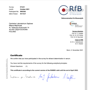 Certyfikat od Referenzinstitut für Bioanalytik